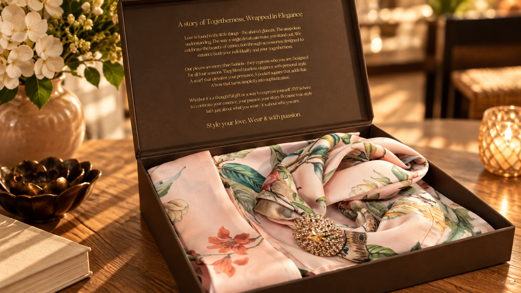Öppen SYP-presentask med en puderrosa blommig scarf i modal satin, bröstnäsduk och gyllene smyckedetalj
