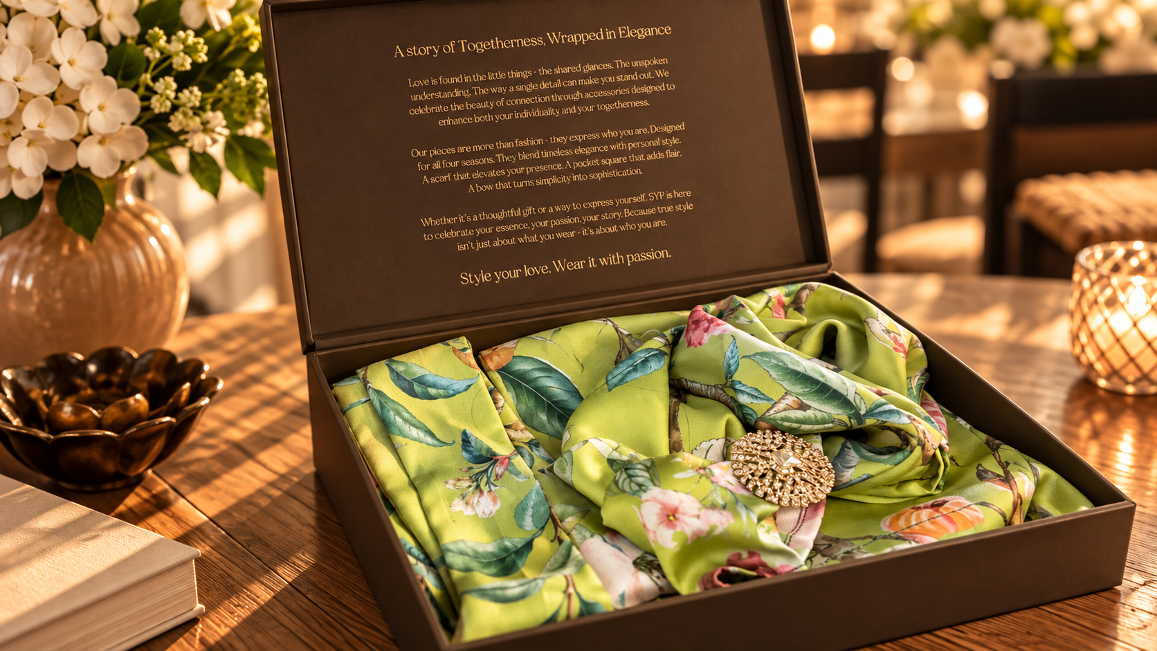 Öppen SYP-presentask med en limegrön blommig scarf i modal satin, bröstnäsduk och gyllene detalj