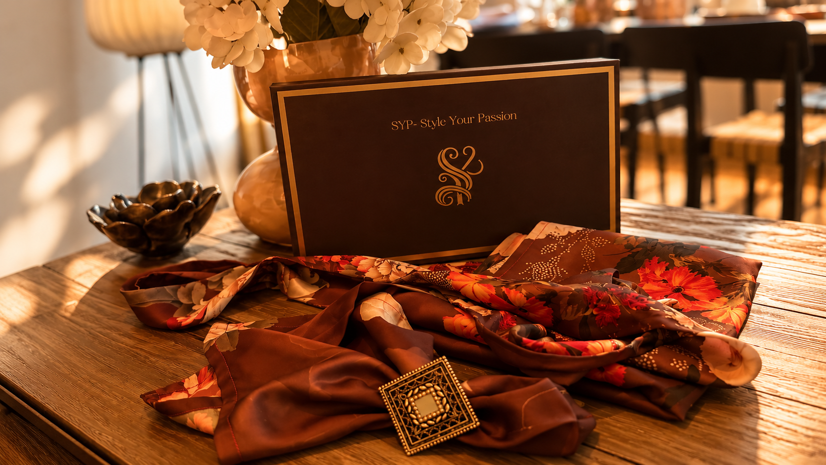SYP-presentask bredvid en brun scarf i modal satin med inslag av vinrött och orange, samlad av en utsirad gyllene ring