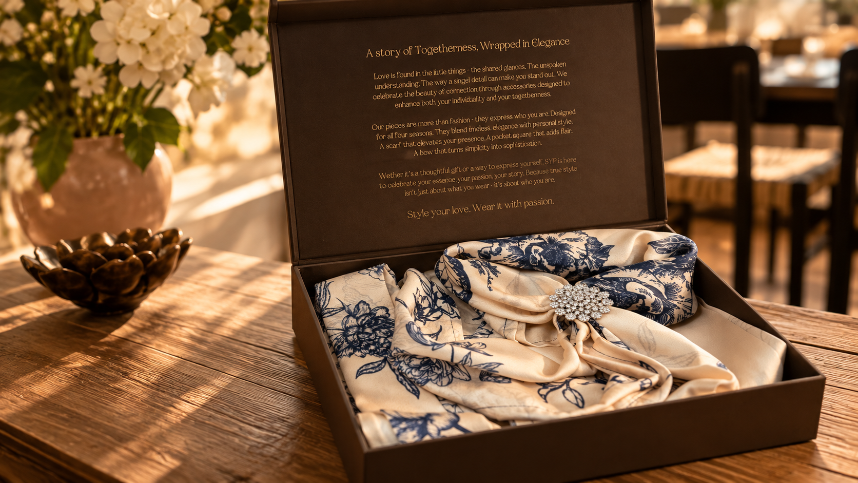 Öppen SYP-presentask med en elfenbensvit och marinblå blommig scarf i modal satin, bröstnäsduk och kristalldetalj